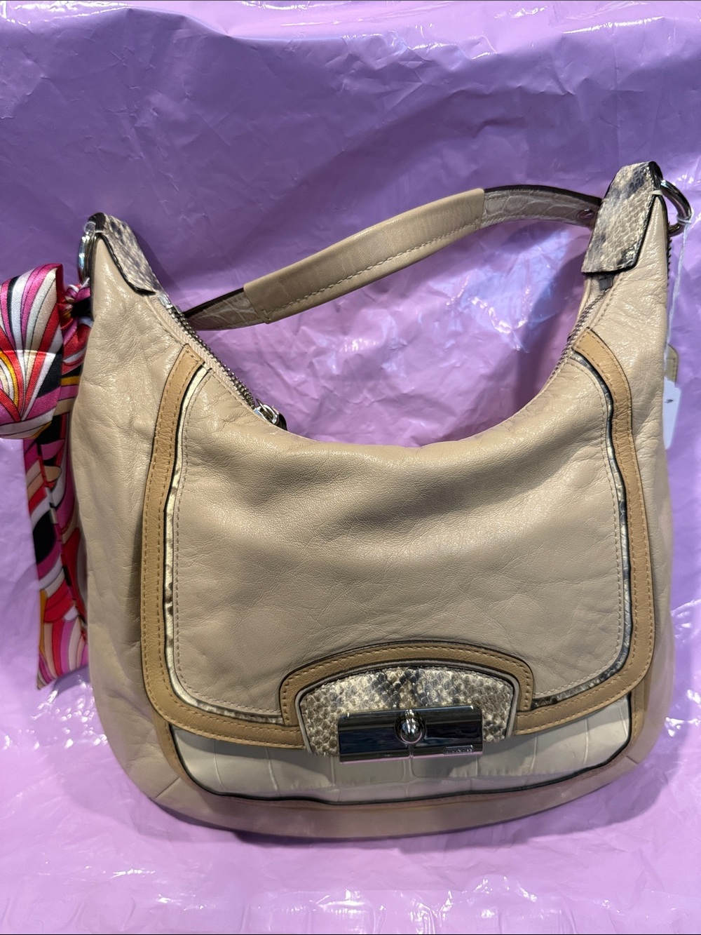 Coach Beige Leather Hobo with Cream & Tan Accents